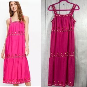 Loft Hot Pink Embroidered Tiered Midi Dress Coastal Boho Resort Chic Vacation